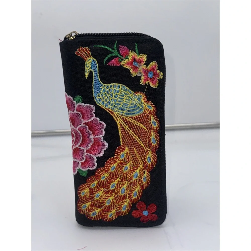 Black Canvas Pink Peacock & Floral Embroidered Zippered Wallet - NEW (#5)